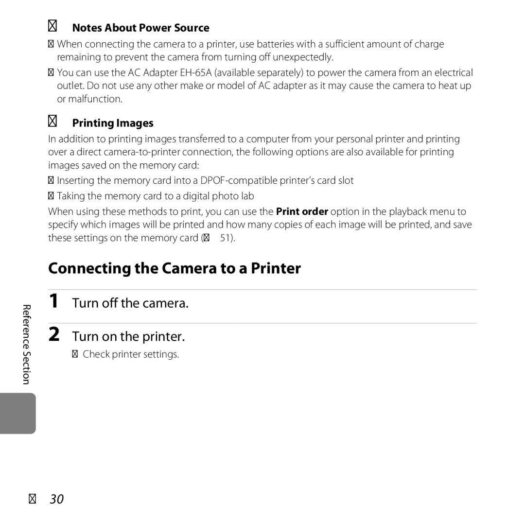 Nikon L610 Black, CT2H02 Connecting the Camera to a Printer, Turn off the camera Turn on the printer, E30, Printing Images 