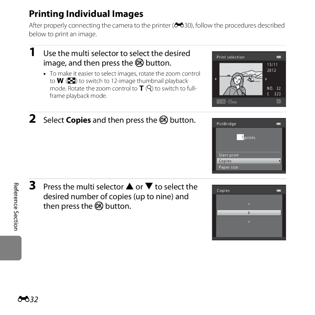 Nikon COOLPIXL610SIL, L610 Red, L610 Black, CT2H02 Printing Individual Images, Select Copies and then press the kbutton, E32 