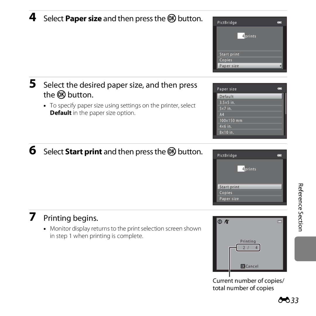 Nikon COOLPIXL610BLK, L610 Red, L610 Black Select the desired paper size, and then press the kbutton, Printing begins, E33 