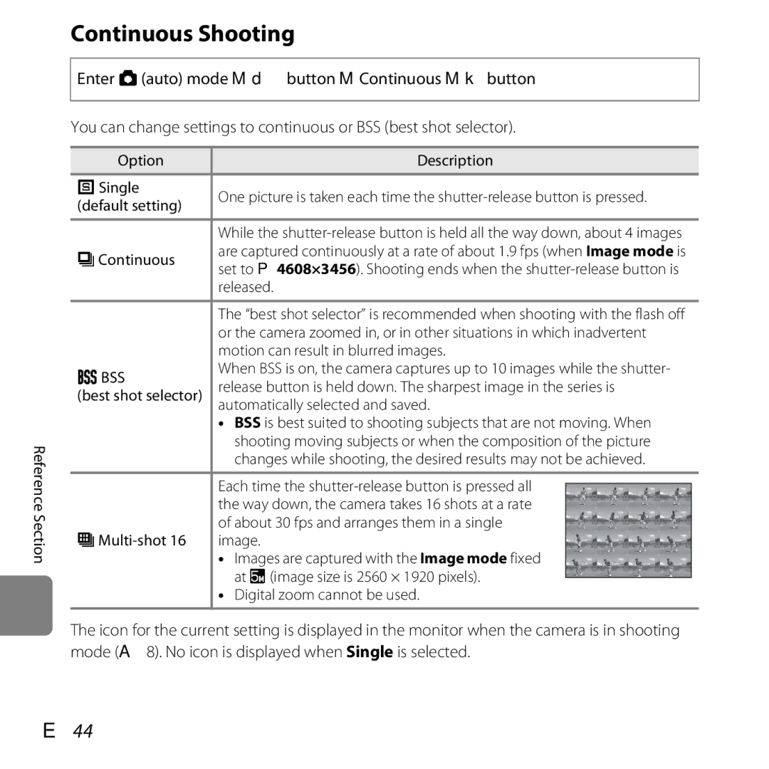 Nikon L610 Black, L610 Red, COOLPIXL610SIL, COOLPIXL610BLK, 6MNA8611-02, CT2H02 manual Continuous Shooting, E44 