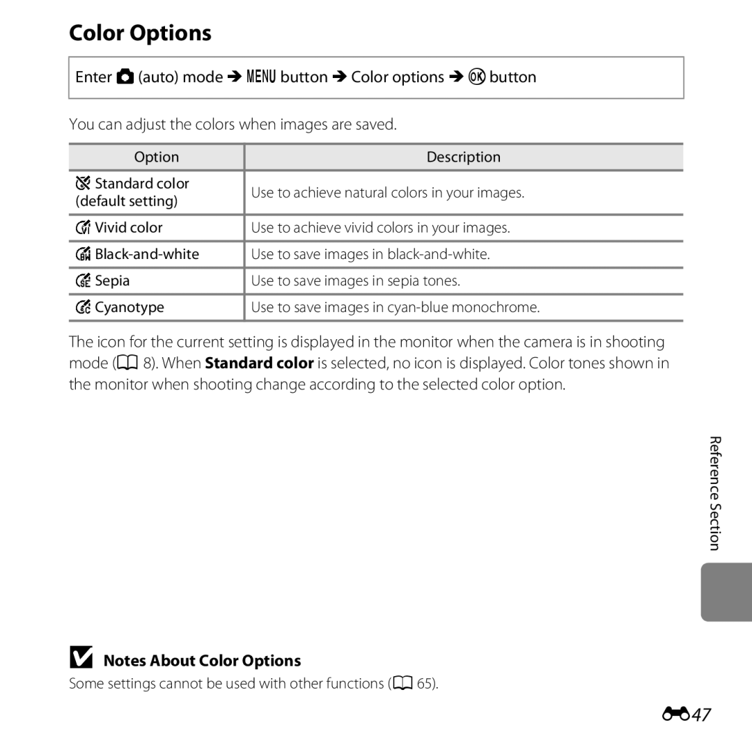 Nikon COOLPIXL610BLK, L610 Red, L610 Black, COOLPIXL610SIL, 6MNA8611-02, CT2H02 manual Color Options, E47 