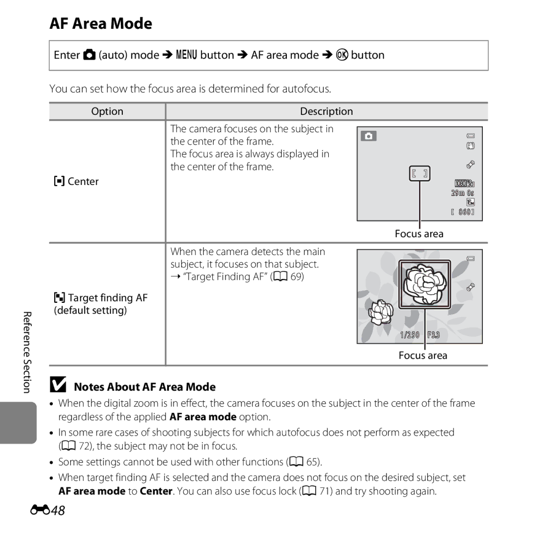 Nikon 6MNA8611-02, L610 Red, L610 Black, COOLPIXL610SIL manual AF Area Mode, E48, YCenter, MTarget finding AF default setting 