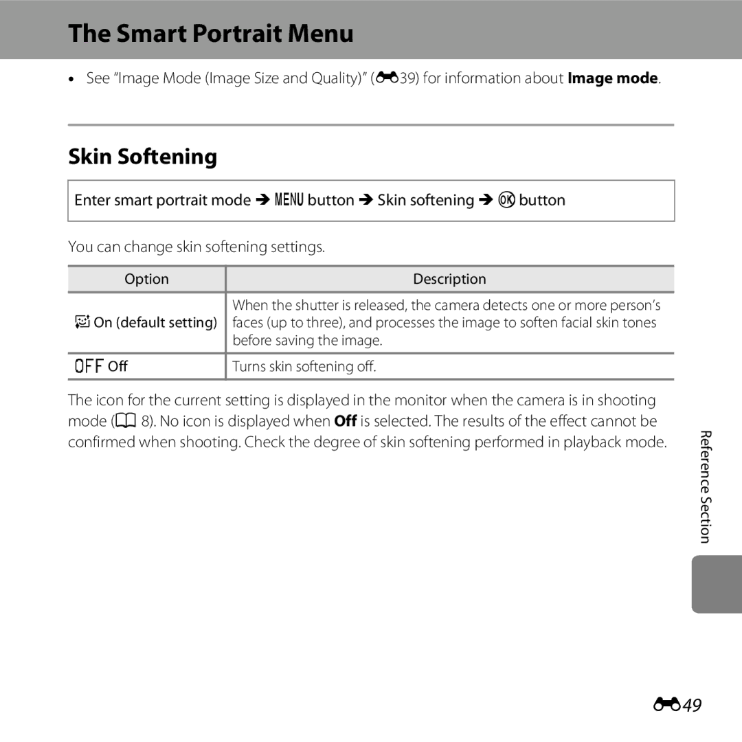 Nikon CT2H02 Smart Portrait Menu, Skin Softening, E49, Option Description On default setting, Before saving the image 