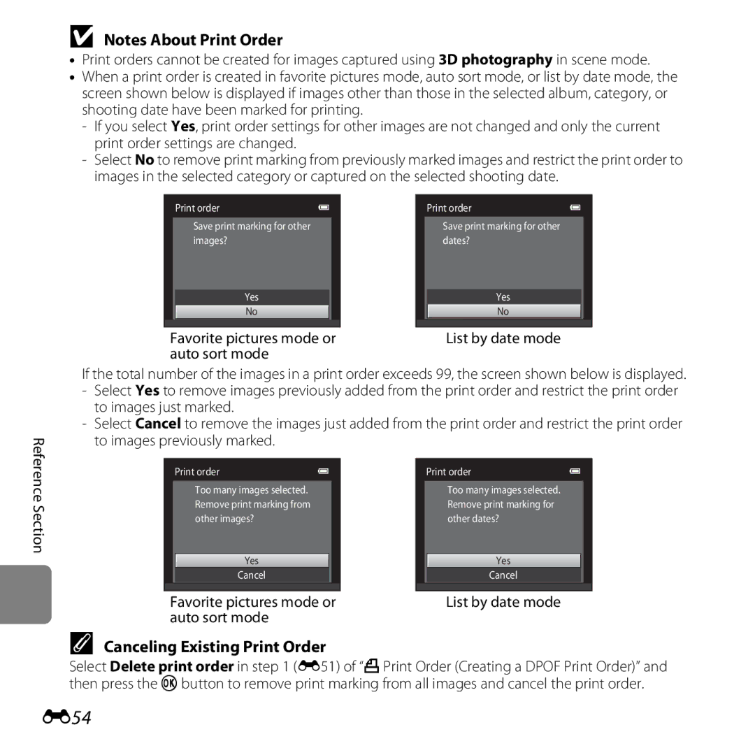 Nikon COOLPIXL610BLK, L610 Red, L610 Black E54, Canceling Existing Print Order, Favorite pictures mode or, Auto sort mode 