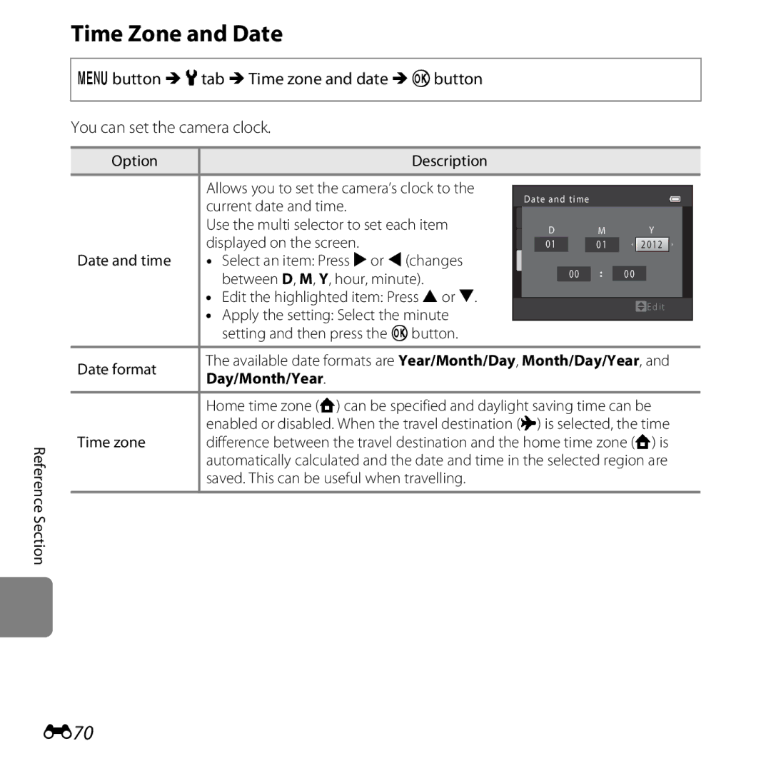 Nikon CT2H02, L610 Red, L610 Black, COOLPIXL610SIL, COOLPIXL610BLK, 6MNA8611-02 manual Time Zone and Date, E70, Day/Month/Year 