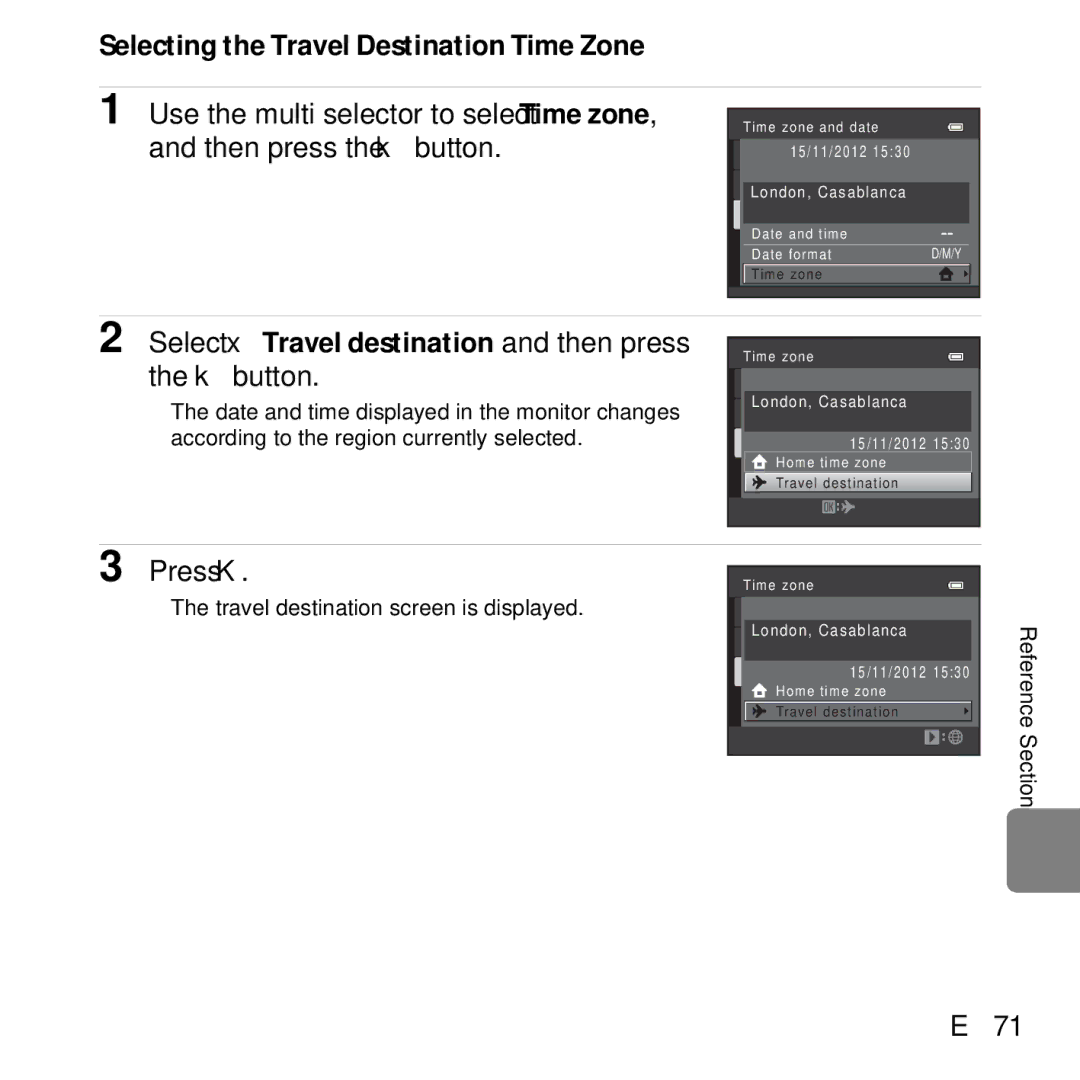 Nikon L610 Red Selecting the Travel Destination Time Zone, Select xTravel destination and then press the kbutton, Press K 