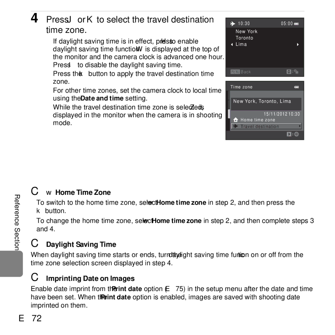 Nikon L610 Black, CT2H02 Press Jor Kto select the travel destination time zone, E72, WHome Time Zone, Daylight Saving Time 