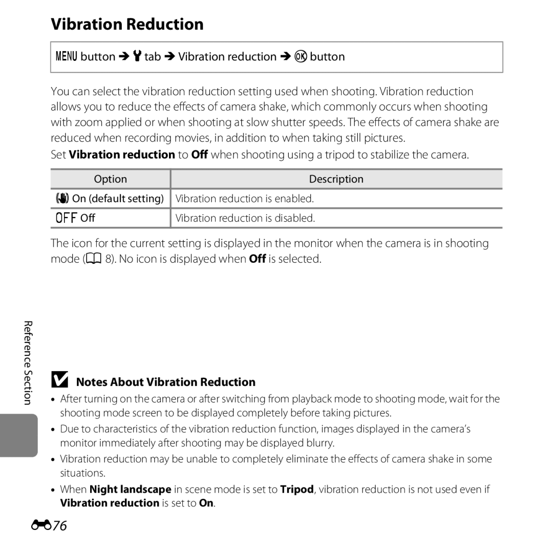 Nikon 6MNA8611-02, L610 Red, L610 Black, CT2H02 manual Vibration Reduction, E76, Dbutton Mztab MVibration reduction Mkbutton 