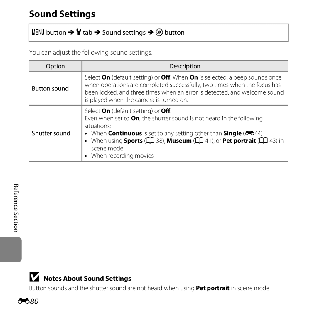 Nikon L610 Red, L610 Black, 6MNA8611-02 Sound Settings, E80, When using Sports a 38, Museum a 41, or Pet portrait a 43 