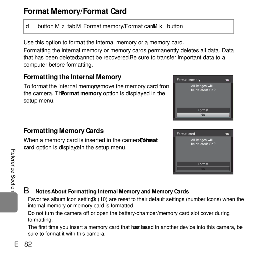 Nikon COOLPIXL610BLK, L610 Red Format Memory/Format Card, Formatting the Internal Memory, Formatting Memory Cards, E82 