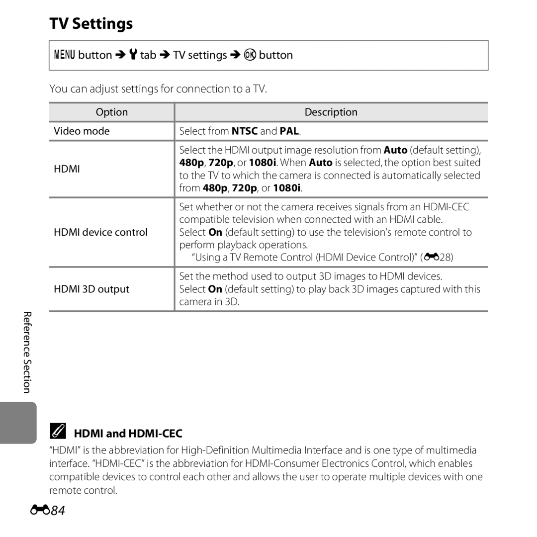 Nikon CT2H02, L610 Red, L610 Black, COOLPIXL610SIL, COOLPIXL610BLK, 6MNA8611-02 manual TV Settings, E84, Hdmi and HDMI-CEC 