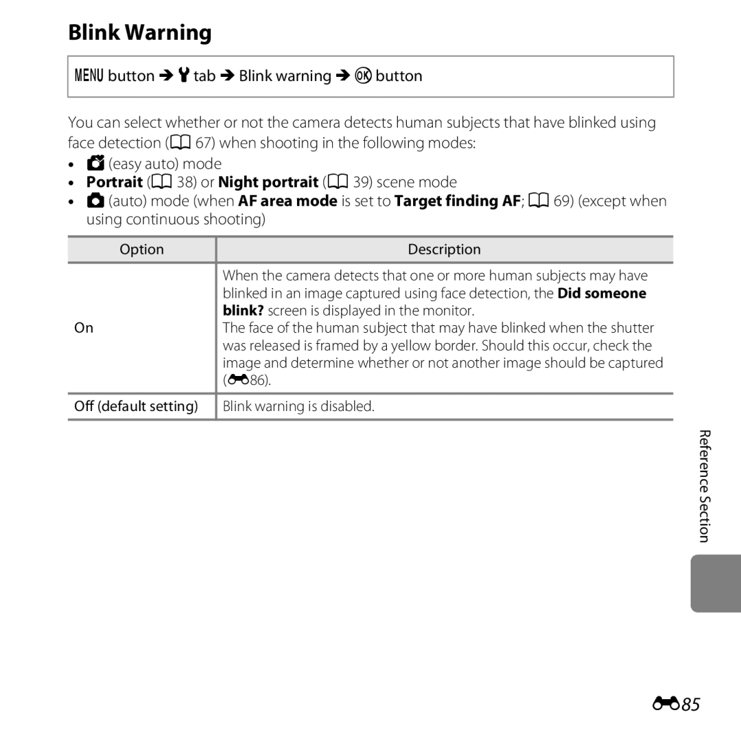 Nikon L610 Red, L610 Black, COOLPIXL610SIL, CT2H02 Blink Warning, E85, Portrait A38 or Night portrait A39 scene mode, E86 