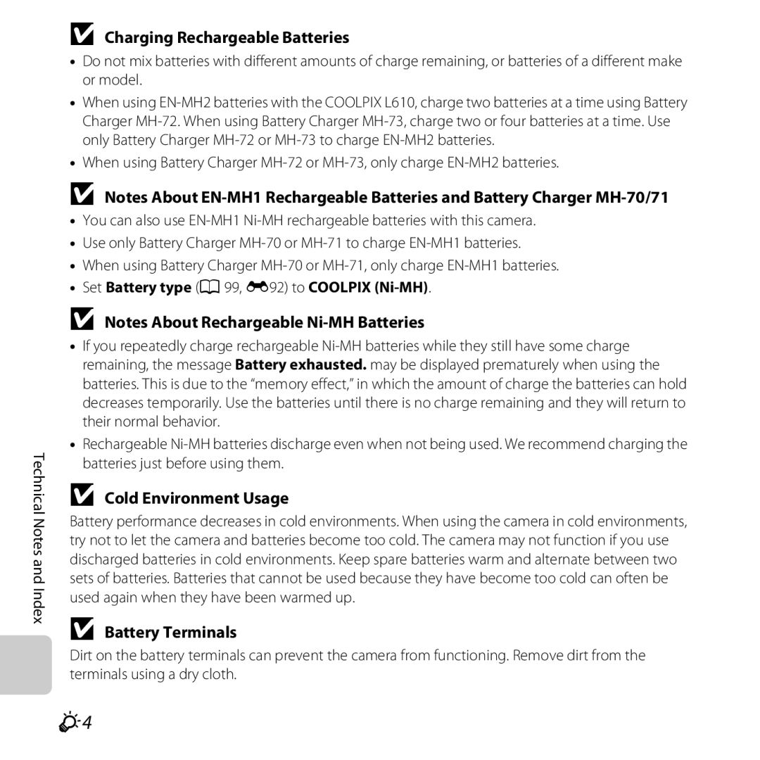 Nikon L610 Red, L610 Black, COOLPIXL610SIL manual Charging Rechargeable Batteries, Cold Environment Usage, Battery Terminals 