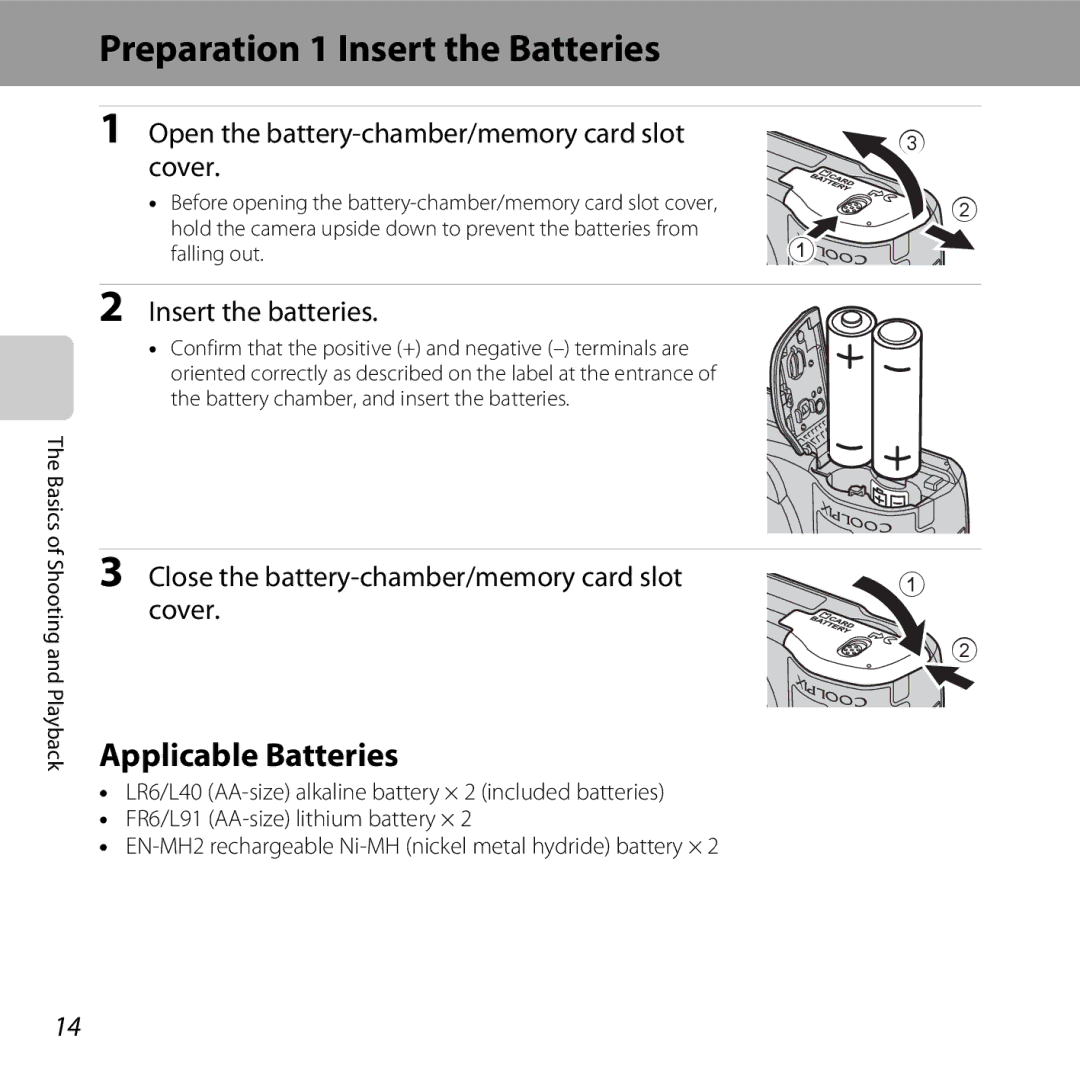 Nikon COOLPIXL610BLK, L610 Red, L610 Black Preparation 1 Insert the Batteries, Applicable Batteries, Insert the batteries 