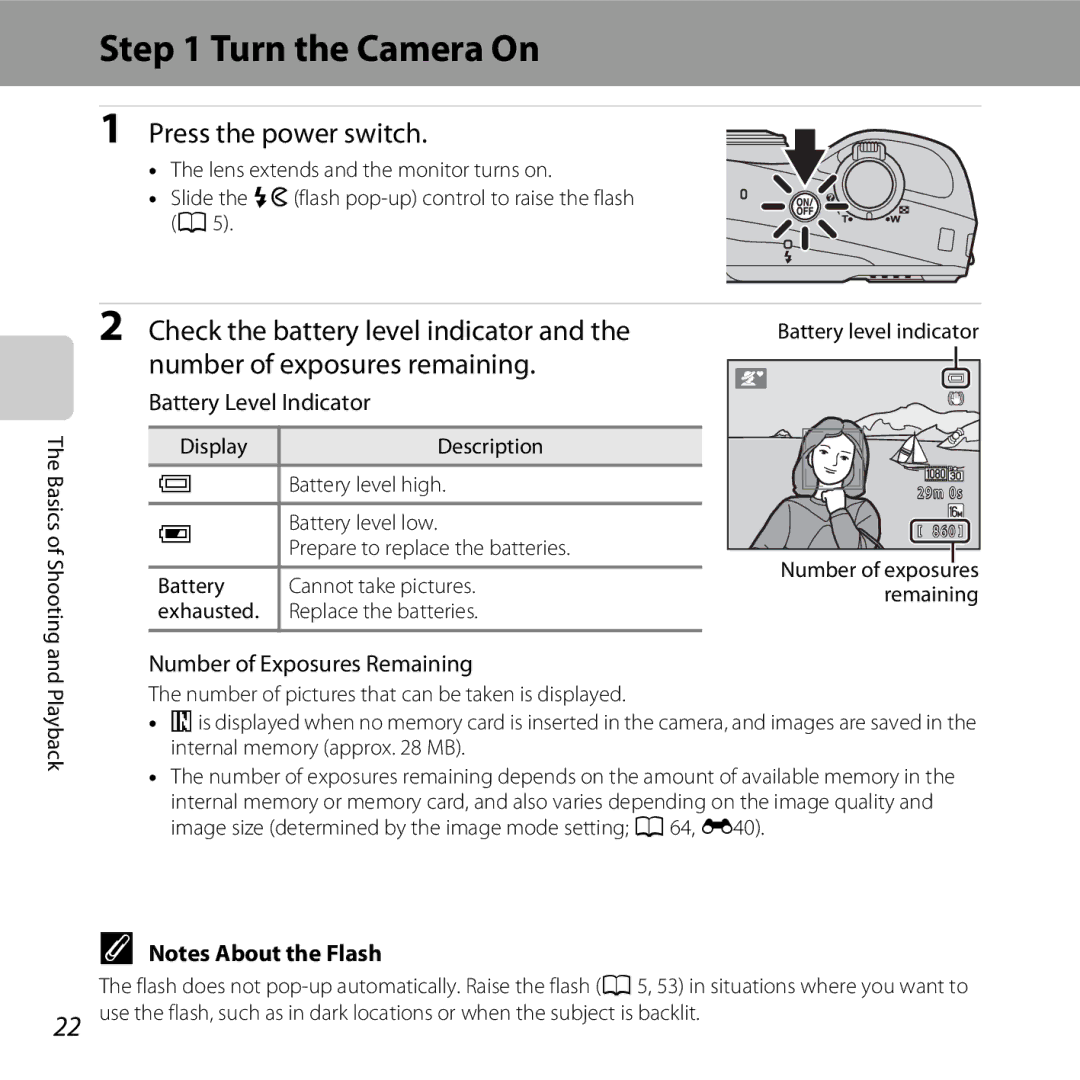 Nikon 6MNA8611-02, L610 Turn the Camera On, Press the power switch, Battery Level Indicator, Number of Exposures Remaining 