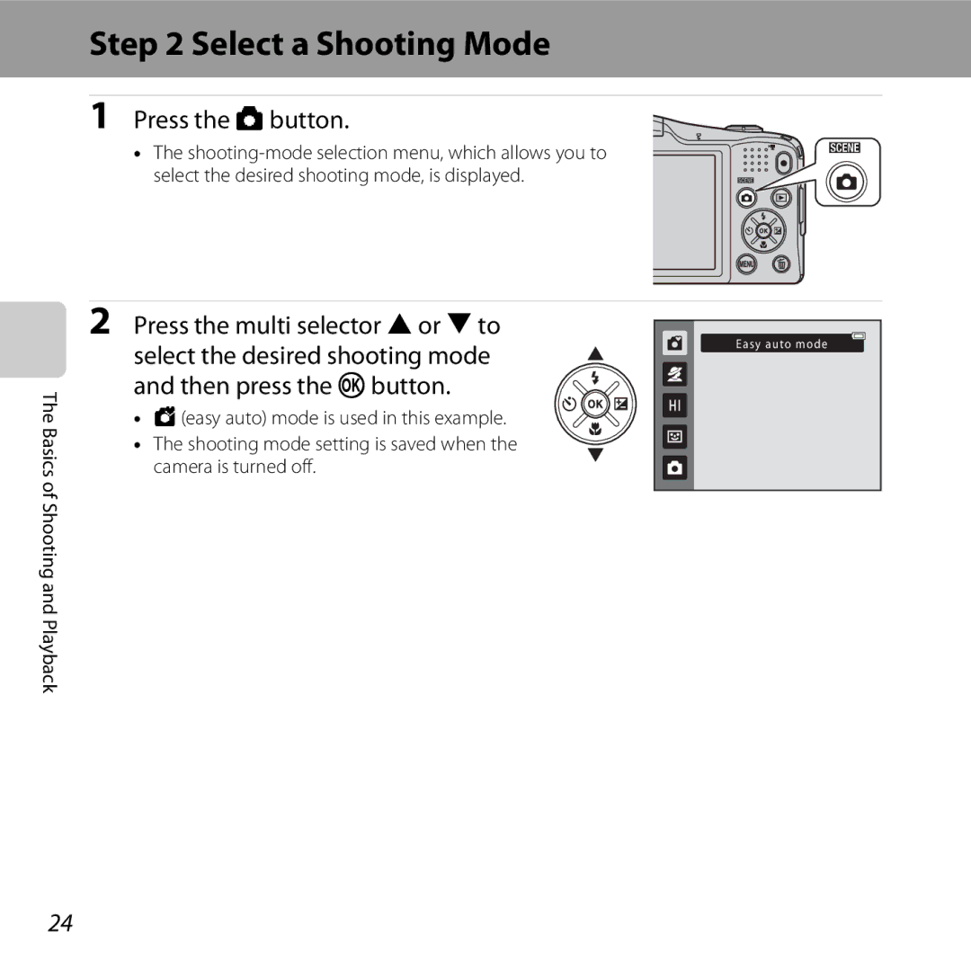 Nikon L610 Red, L610 Black, COOLPIXL610SIL, COOLPIXL610BLK, CT2H02 Select a Shooting Mode, Press the multi selector Hor Ito 