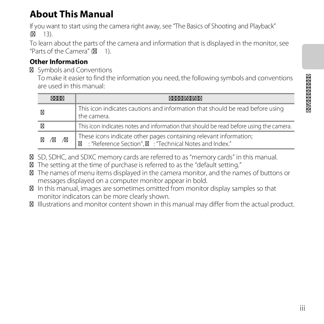 Nikon 6MNA8611-02, L610 About This Manual, Iii, Other Information, Icon, Reference Section, F Technical Notes and Index 