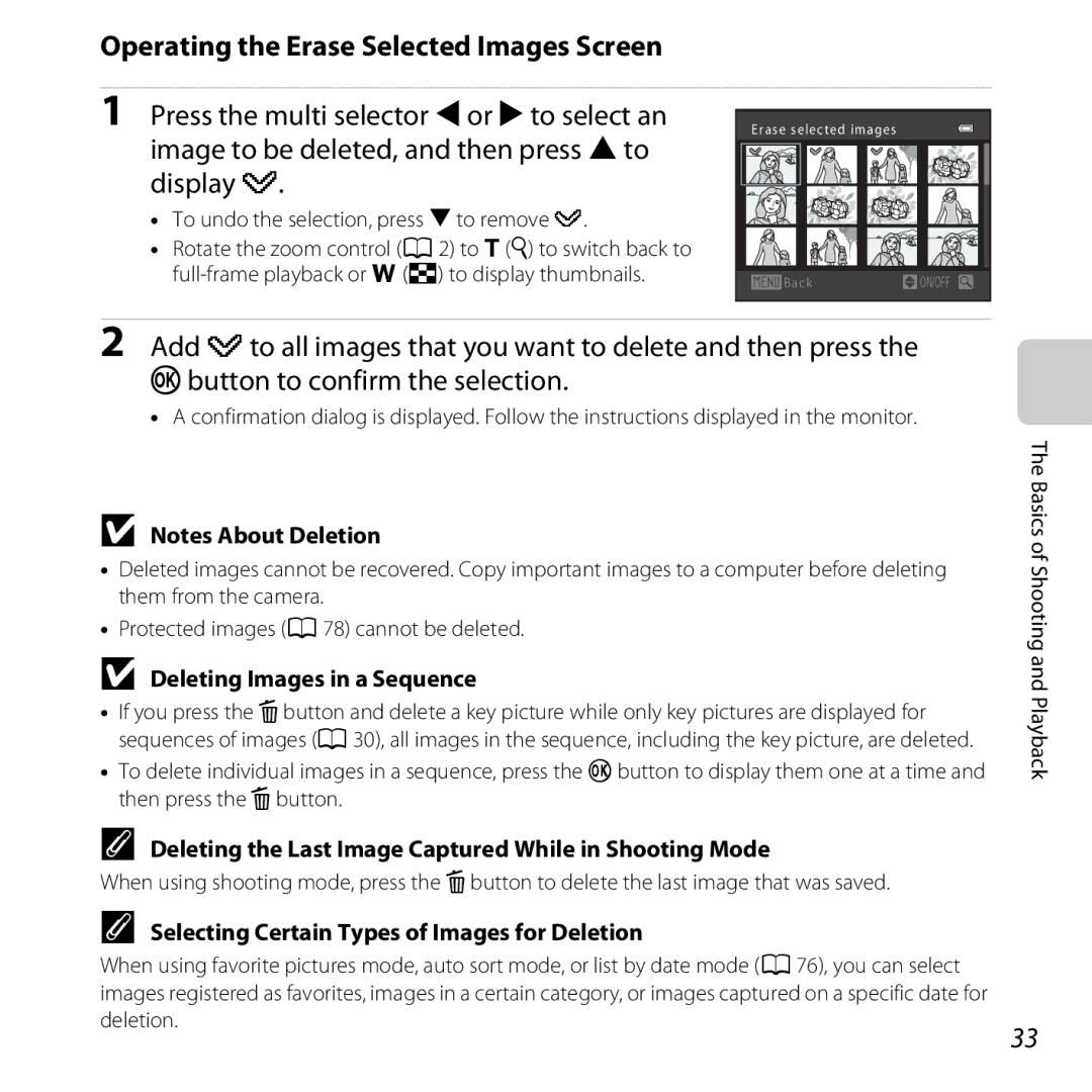 Nikon L610 Red, L610 Black, COOLPIXL610SIL Operating the Erase Selected Images Screen, Deleting Images in a Sequence 