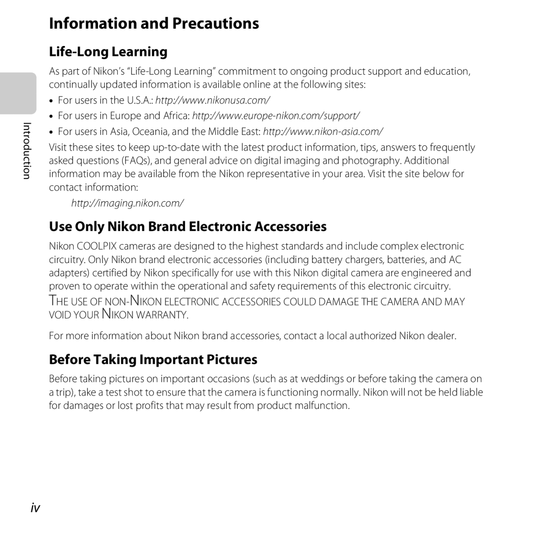 Nikon CT2H02, L610 Red manual Information and Precautions, Life-Long Learning, Use Only Nikon Brand Electronic Accessories 