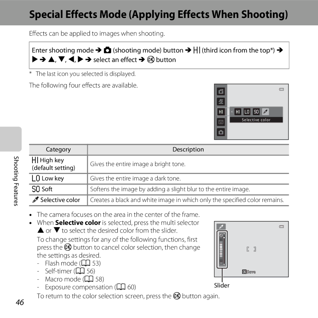 Nikon L610 Black, L610 Red, 6MNA8611-02 Following four effects are available, Last icon you selected is displayed, Slider 