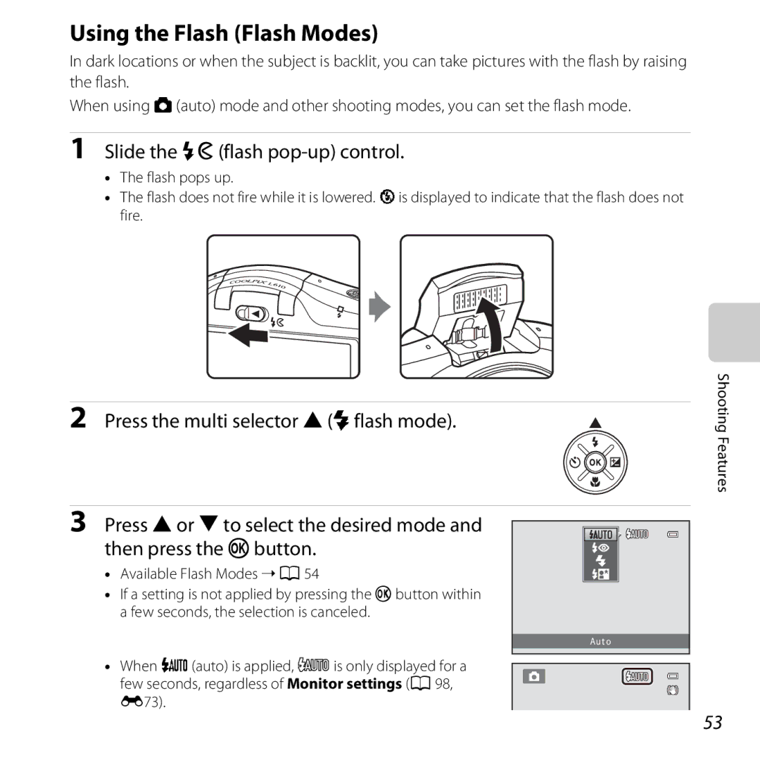 Nikon L610 Black manual Using the Flash Flash Modes, Slide the Kflash pop-up control, Press the multi selector Hmflash mode 