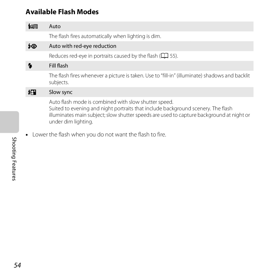 Nikon L610 Red, L610 Black, COOLPIXL610SIL Available Flash Modes, Lower the flash when you do not want the flash to fire 