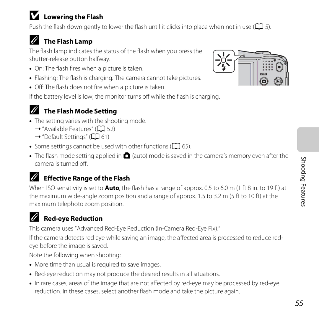 Nikon COOLPIXL610SIL Lowering the Flash, Flash Lamp, Flash Mode Setting, Effective Range of the Flash, Red-eye Reduction 