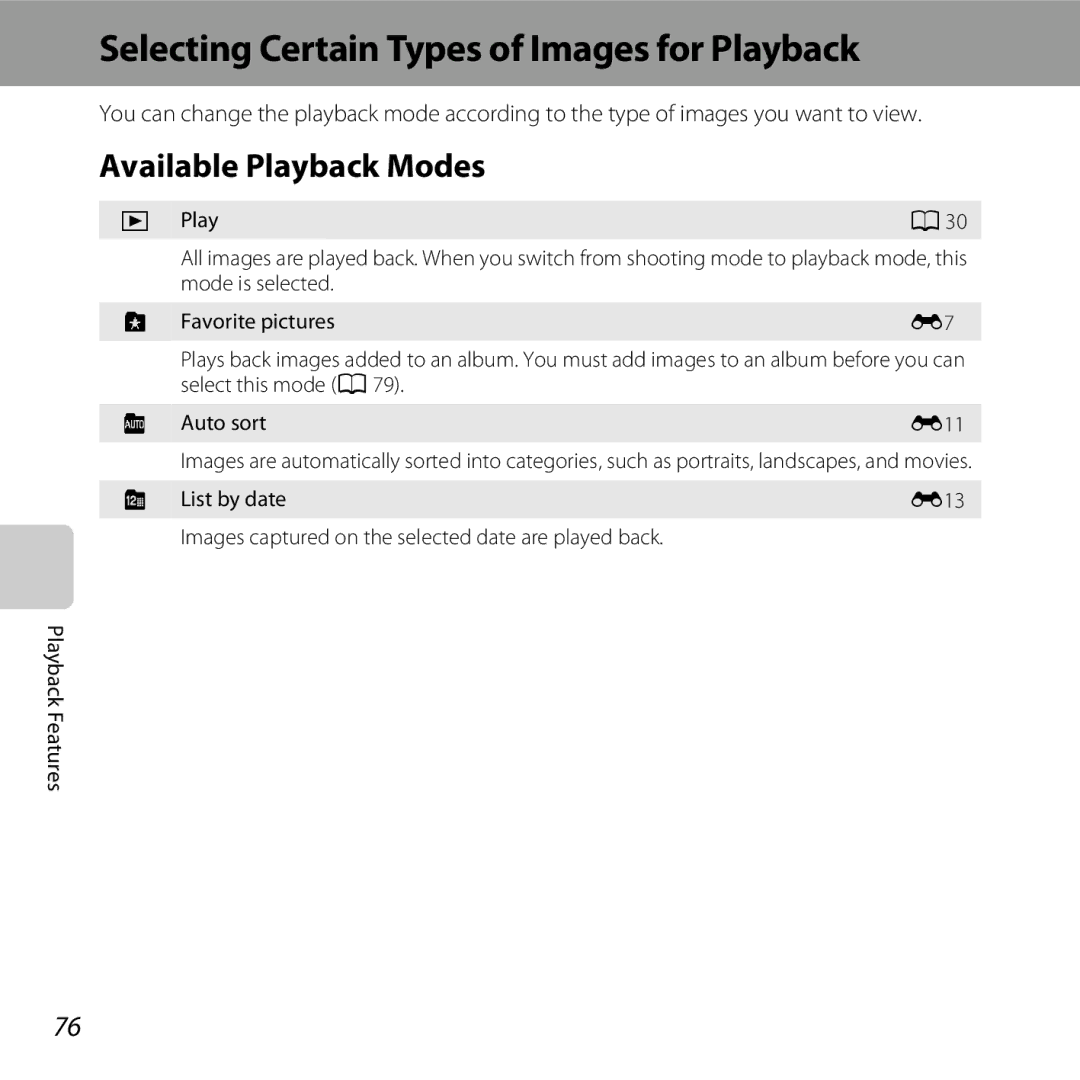 Nikon COOLPIXL610SIL, L610 Red Selecting Certain Types of Images for Playback, Available Playback Modes, Auto sort E11 