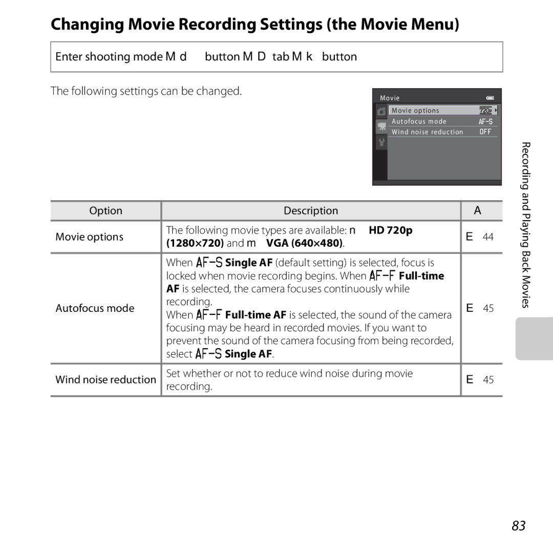 Nikon COOLPIXL810BLK, COOLPIXL810BLUE Changing Movie Recording Settings the Movie Menu, 1280×720 and mVGA 640×480 