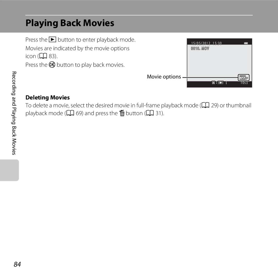Nikon COOLPIXL810BLUE, COOLPIXL810RED, COOLPIXL810BLK user manual Playing Back Movies, Deleting Movies 