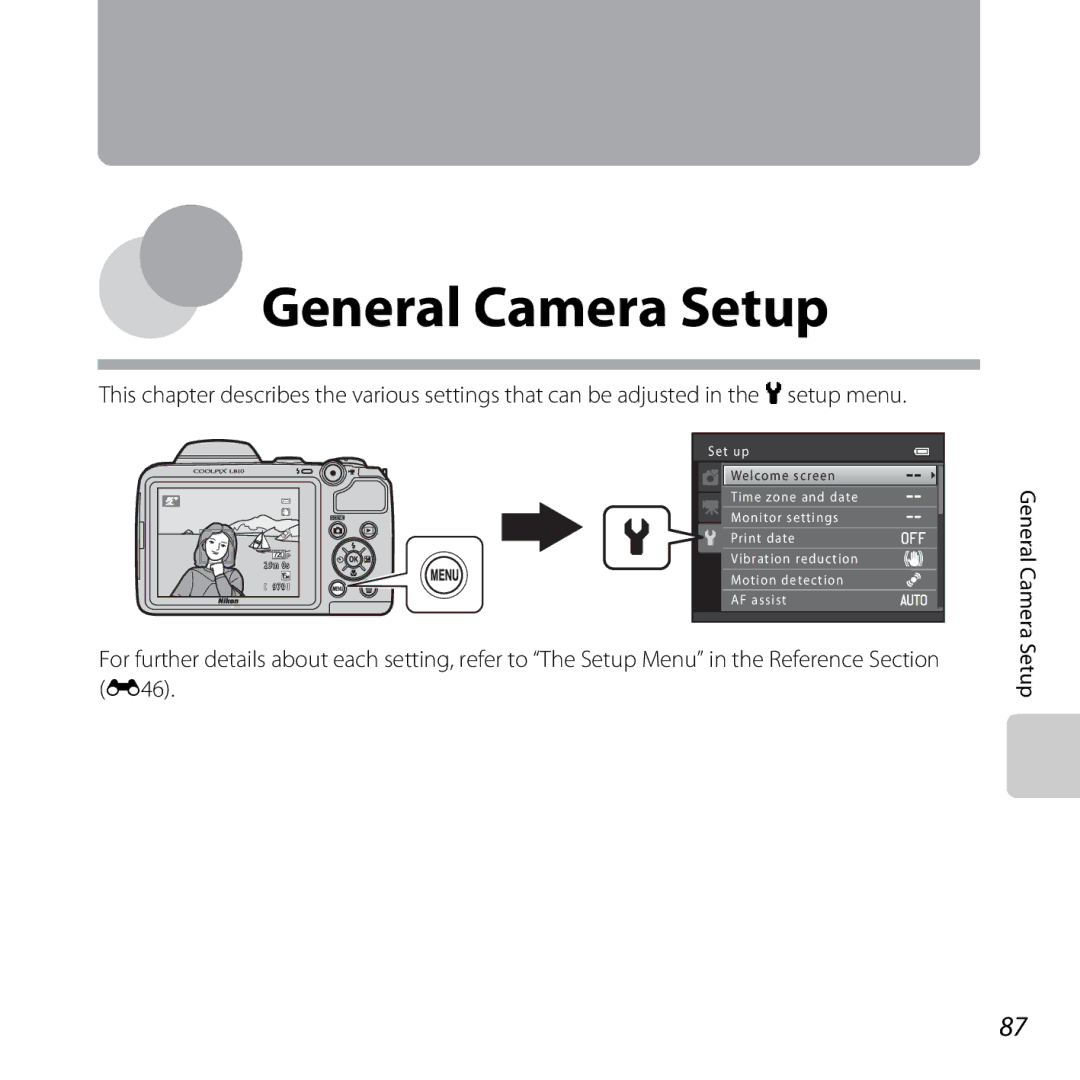 Nikon COOLPIXL810BLK, COOLPIXL810BLUE, COOLPIXL810RED user manual General Camera Setup 