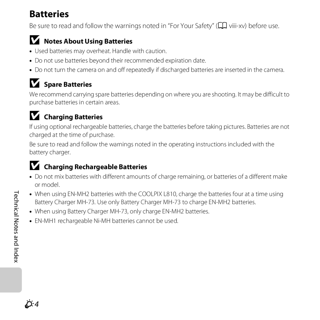 Nikon COOLPIXL810RED, COOLPIXL810BLUE user manual Spare Batteries, Charging Batteries, Charging Rechargeable Batteries 