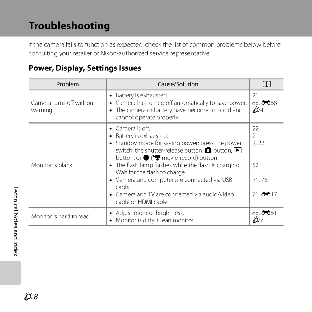 Nikon COOLPIXL810RED, COOLPIXL810BLUE, COOLPIXL810BLK user manual Troubleshooting, Power, Display, Settings Issues, 88, E58 