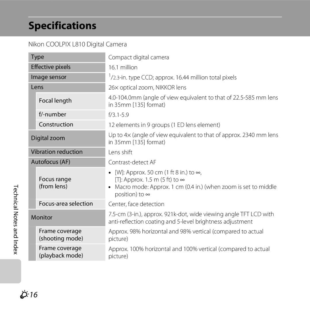 Nikon COOLPIXL810RED, COOLPIXL810BLUE, COOLPIXL810BLK user manual Specifications, F16 