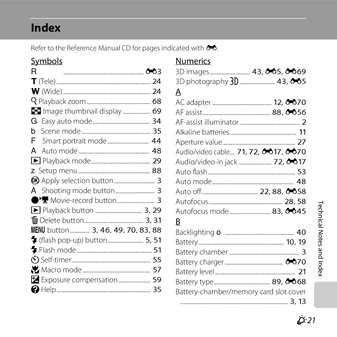 Nikon COOLPIXL810BLK, COOLPIXL810BLUE, COOLPIXL810RED user manual Index, Symbols, Numerics, F21 