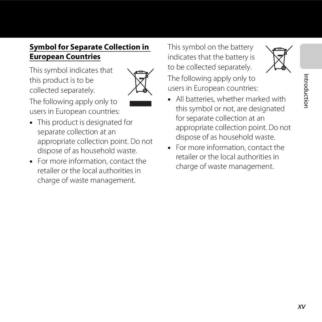 Nikon COOLPIXL810BLUE, COOLPIXL810RED, COOLPIXL810BLK user manual Symbol for Separate Collection in European Countries 