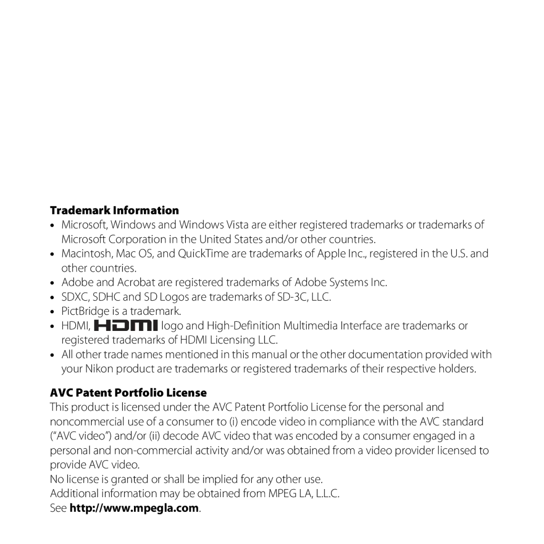 Nikon COOLPIXL810RED, COOLPIXL810BLUE, COOLPIXL810BLK user manual Trademark Information, AVC Patent Portfolio License 