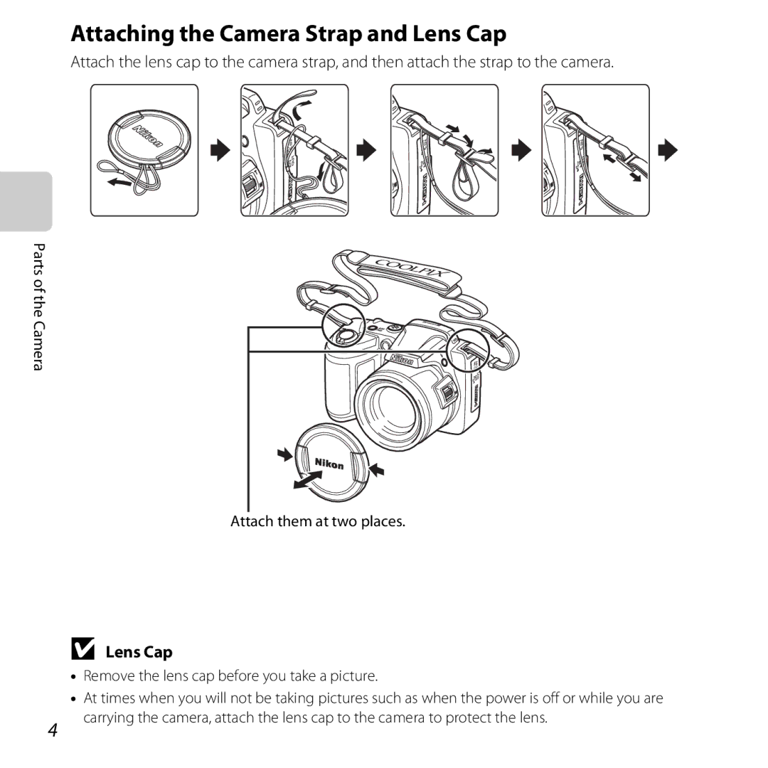 Nikon COOLPIXL810BLUE user manual Attaching the Camera Strap and Lens Cap, Parts of the Camera Attach them at two places 