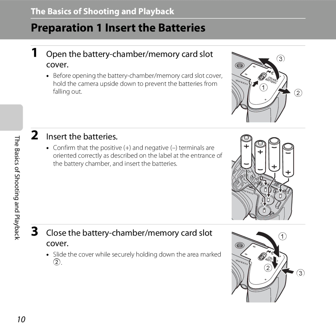 Nikon COOLPIXL810RED Preparation 1 Insert the Batteries, Open the battery-chamber/memory card slot Cover, Playback 