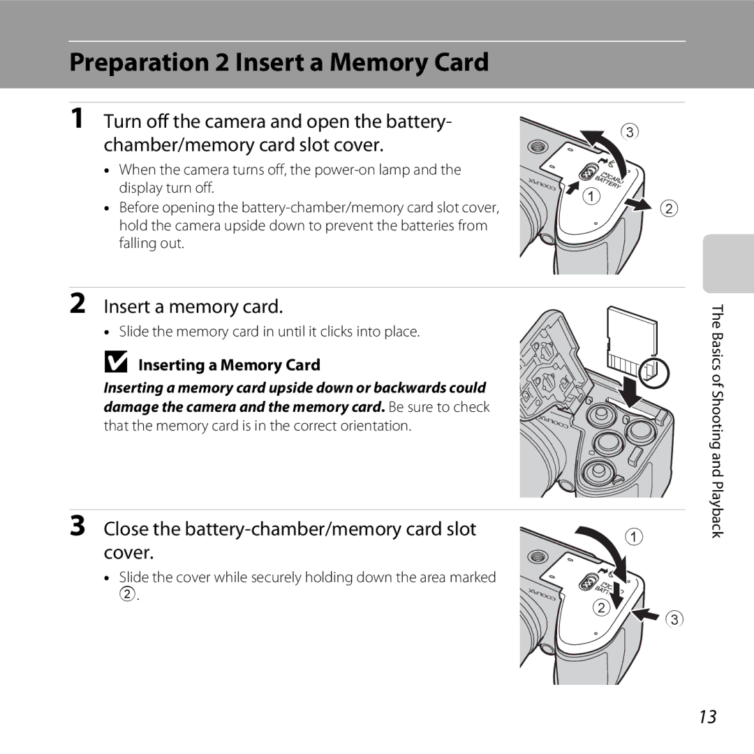 Nikon COOLPIXL810BLUE, COOLPIXL810RED Preparation 2 Insert a Memory Card, Insert a memory card, Inserting a Memory Card 