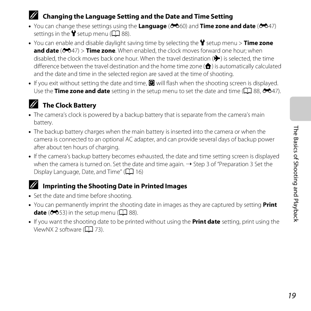 Nikon COOLPIXL810BLK, COOLPIXL810BLUE user manual Changing the Language Setting and the Date and Time Setting, Clock Battery 