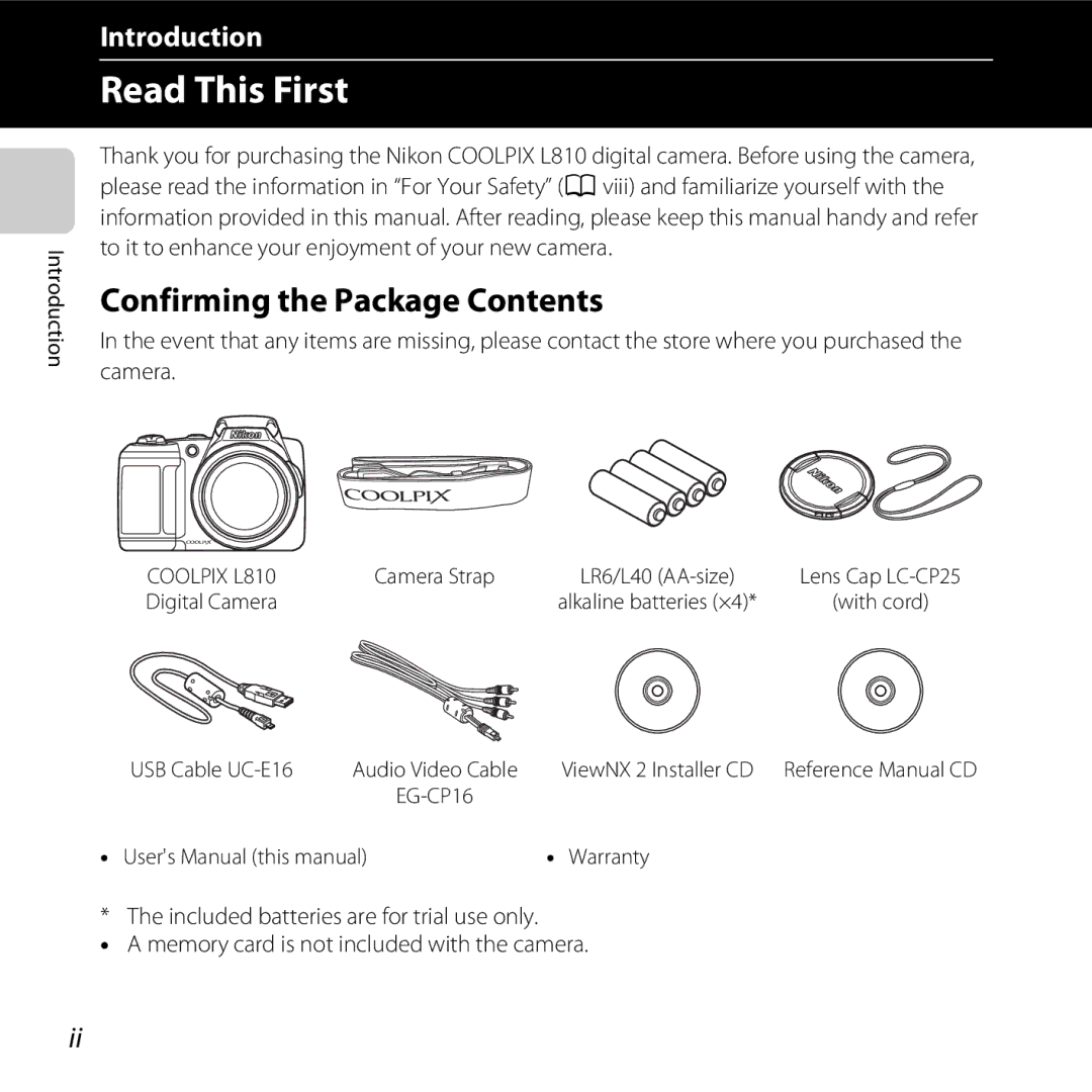 Nikon COOLPIXL810BLUE, COOLPIXL810RED, COOLPIXL810BLK user manual Read This First, Confirming the Package Contents 