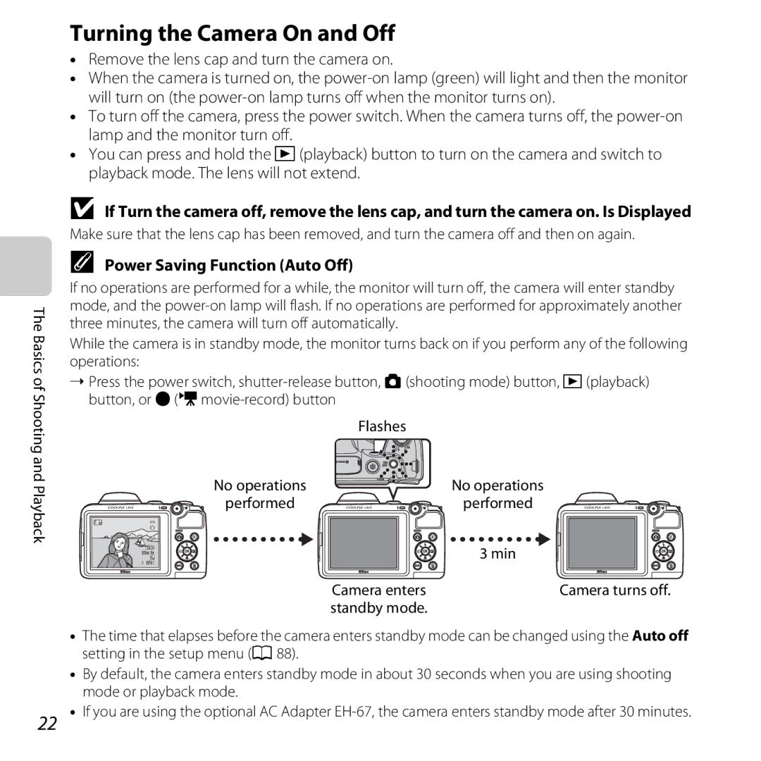 Nikon COOLPIXL810RED, COOLPIXL810BLUE Turning the Camera On and Off, Power Saving Function Auto Off, Camera enters 