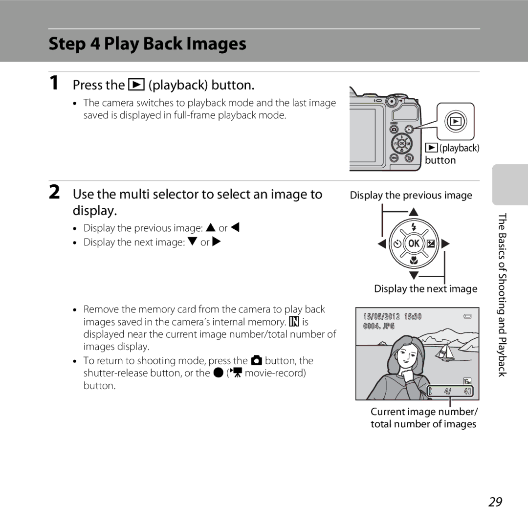 Nikon COOLPIXL810BLUE Play Back Images, Press the cplayback button, Use the multi selector to select an image to, Display 