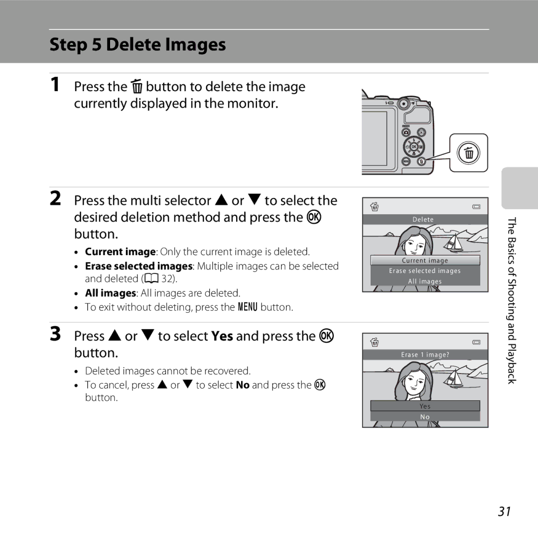 Nikon COOLPIXL810BLK, COOLPIXL810BLUE, COOLPIXL810RED Delete Images, Press Hor Ito select Yes and press the k button 