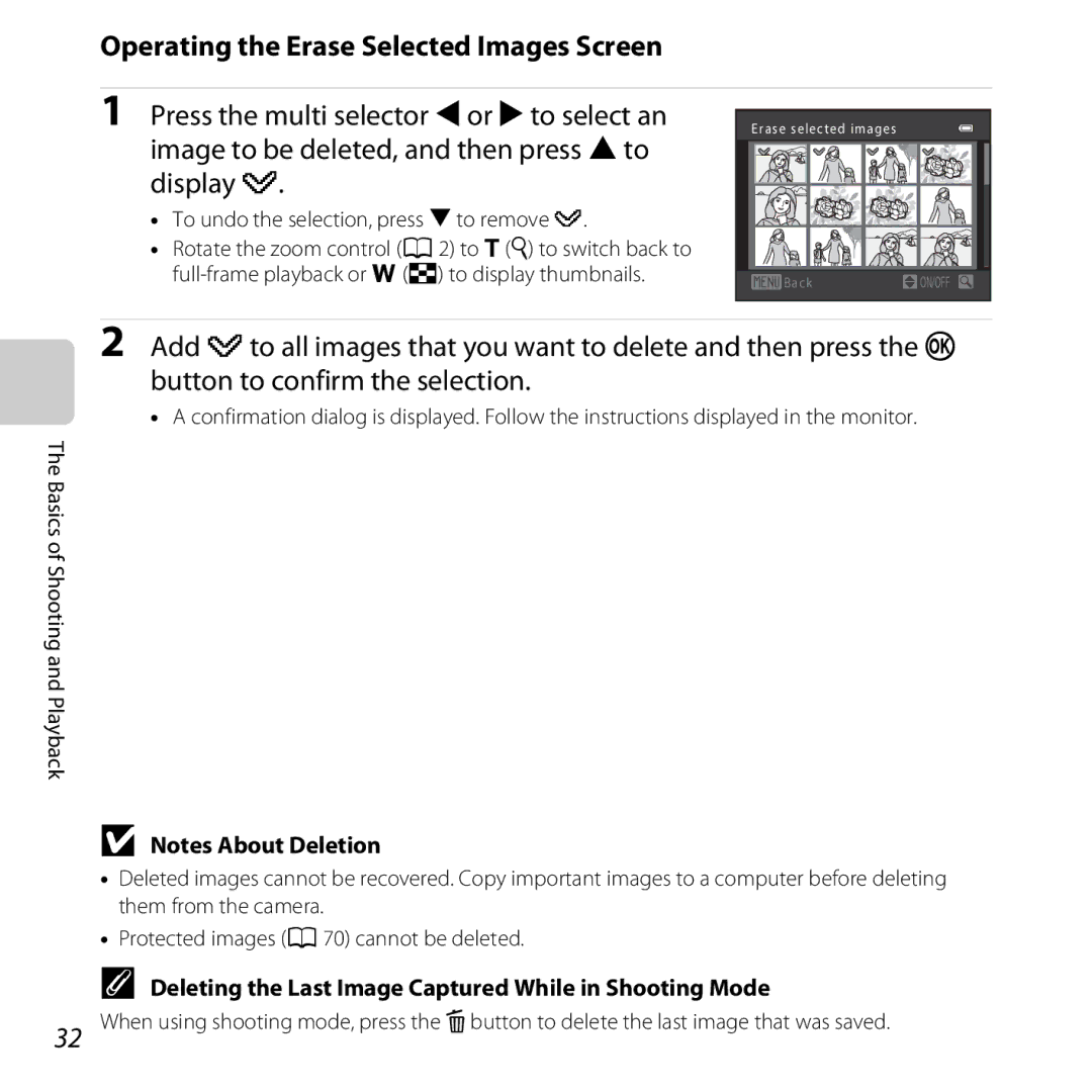 Nikon L810 user manual Operating the Erase Selected Images Screen, Deleting the Last Image Captured While in Shooting Mode 