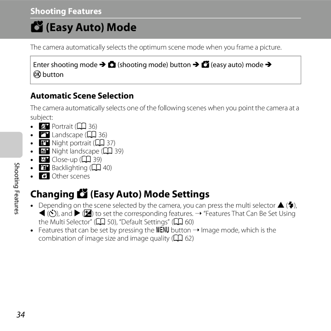 Nikon COOLPIXL810RED, COOLPIXL810BLUE, COOLPIXL810BLK Changing GEasy Auto Mode Settings, Automatic Scene Selection 