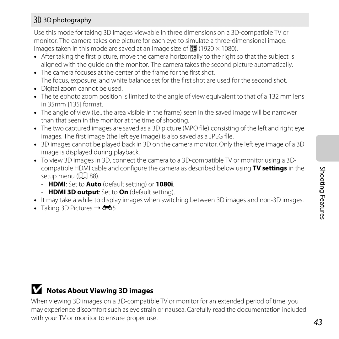 Nikon COOLPIXL810BLK, COOLPIXL810BLUE, COOLPIXL810RED user manual S3D photography, Taking 3D Pictures E5 Shooting Features 