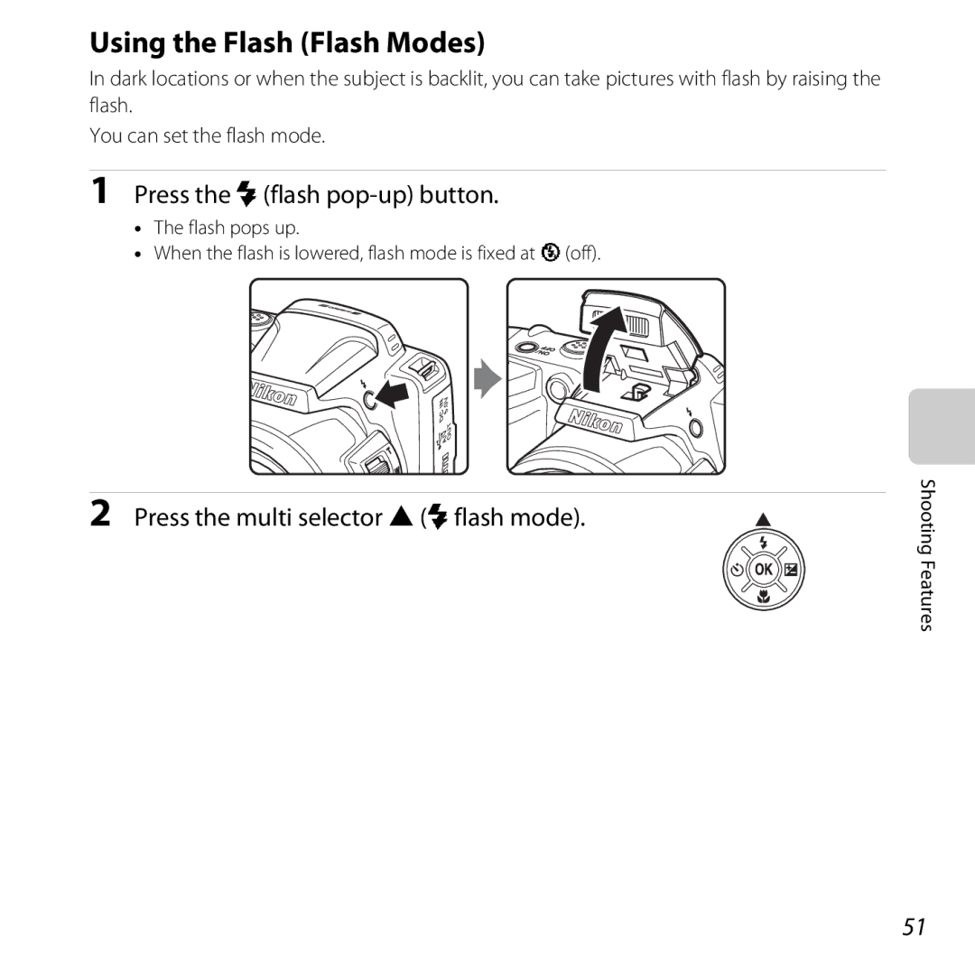 Nikon COOLPIXL810BLK Using the Flash Flash Modes, Press the mflash pop-up button, Press the multi selector Hmflash mode 