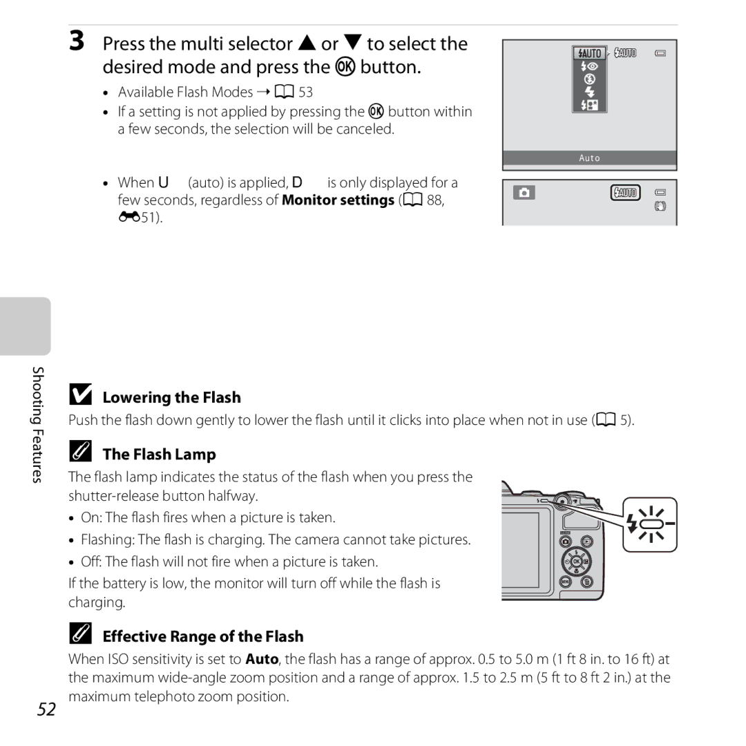 Nikon COOLPIXL810BLUE Lowering the Flash, Flash Lamp, Effective Range of the Flash, Maximum telephoto zoom position 